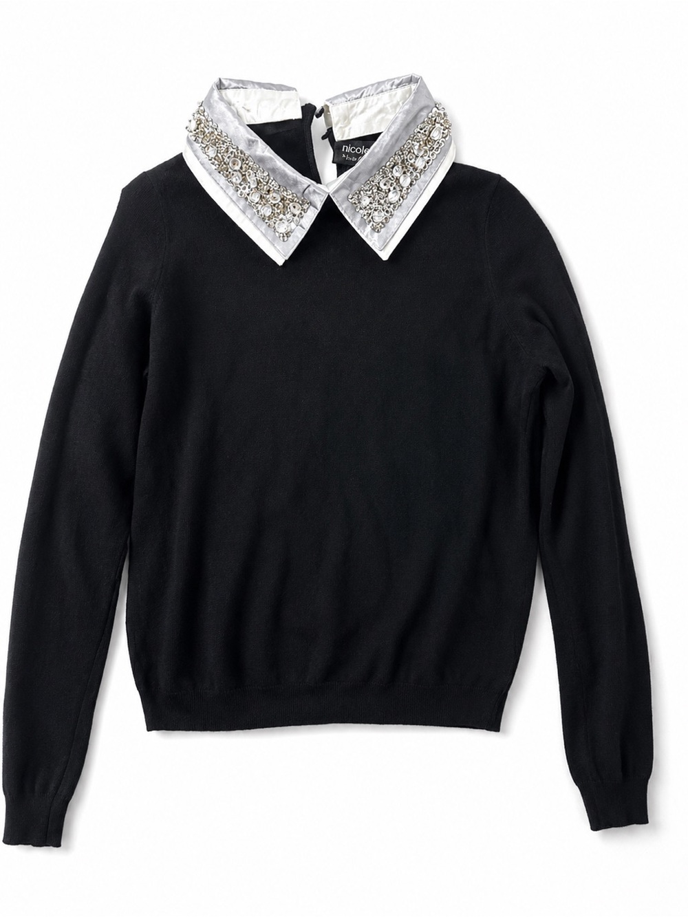 Nicole Miller Black Sweater with Embellished White Satin Collar